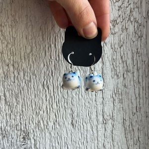 Porcelain blue kitty cat earrings